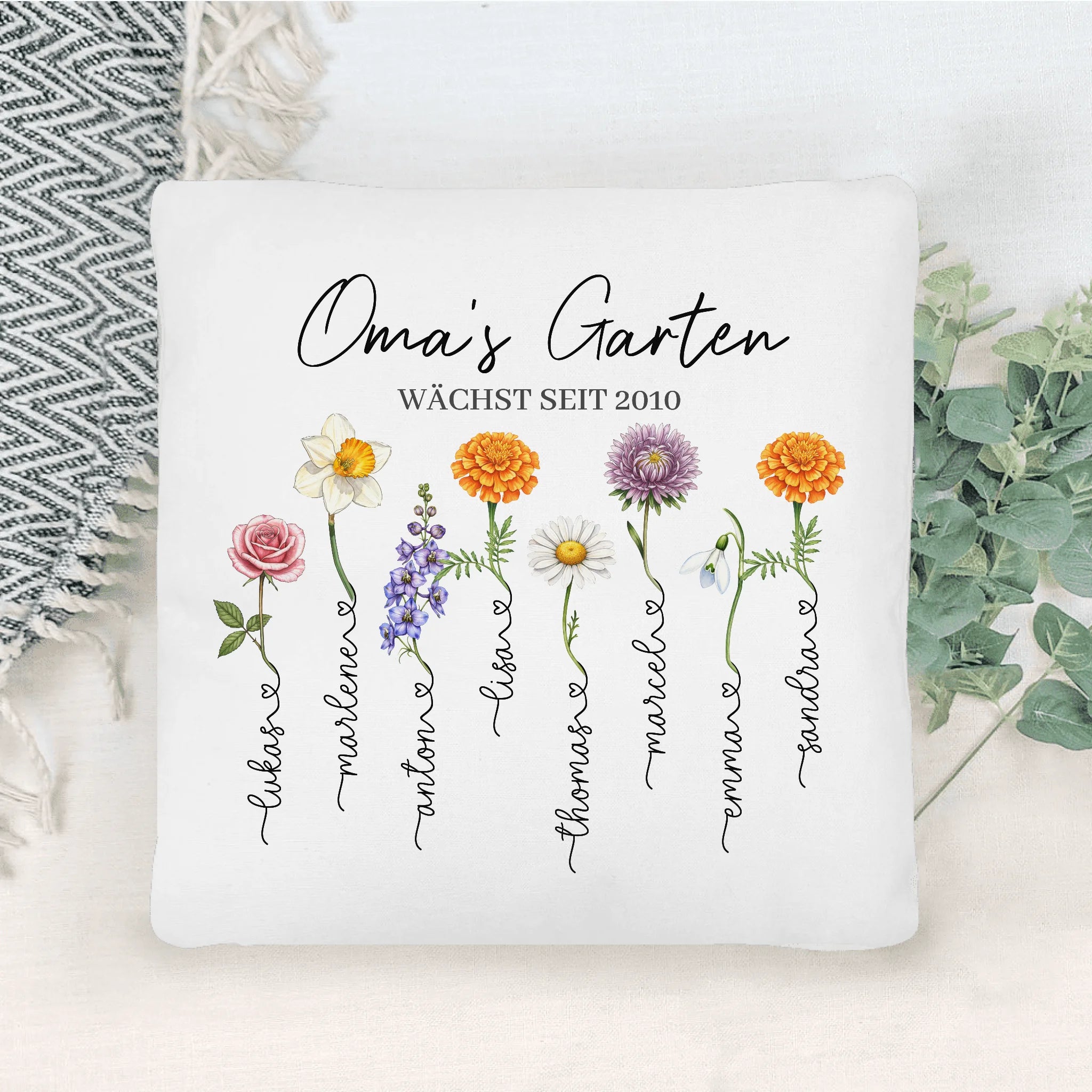 Personalisiertes Kissen - Omas Garten mit 1-8 Blumen/Namen