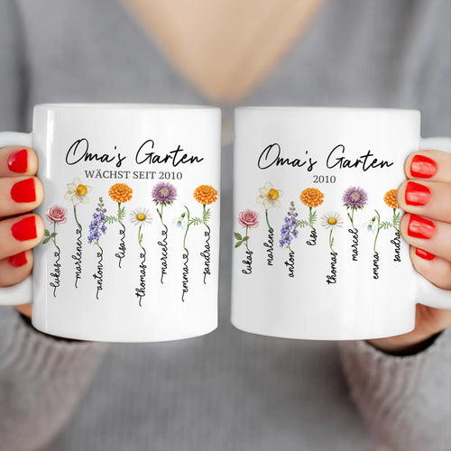 Personalisierte Tasse - Omas Garten mit 1-8 Blumen/Namen