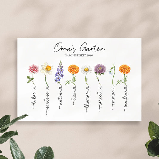 Personalisiertes Poster - Omas Garten mit 1-14 Blumen/Namen