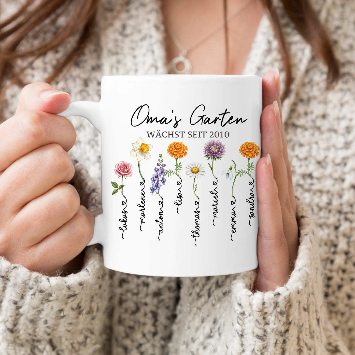 Personalisierte Tasse - Omas Garten mit 1-8 Blumen/Namen