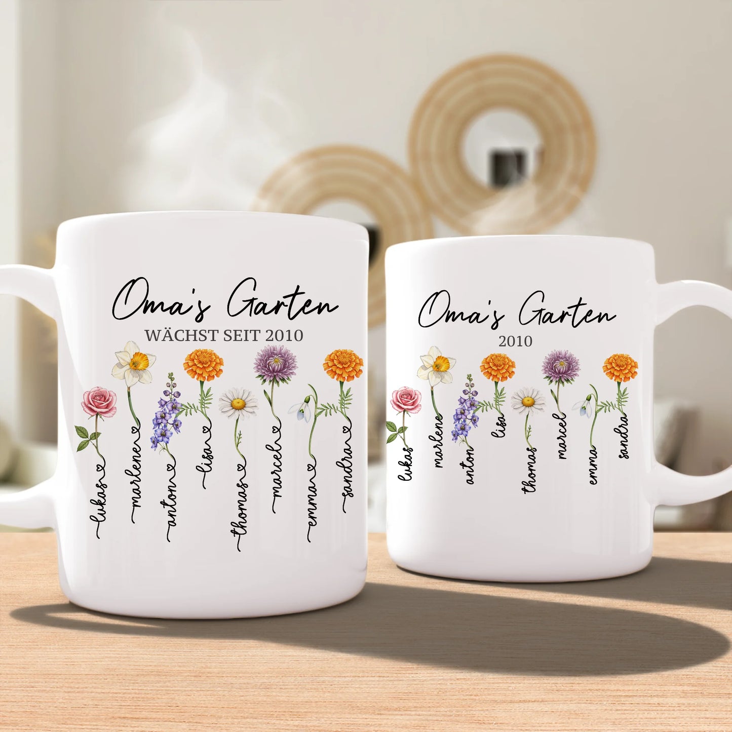 Personalisierte Tasse - Omas Garten mit 1-8 Blumen/Namen