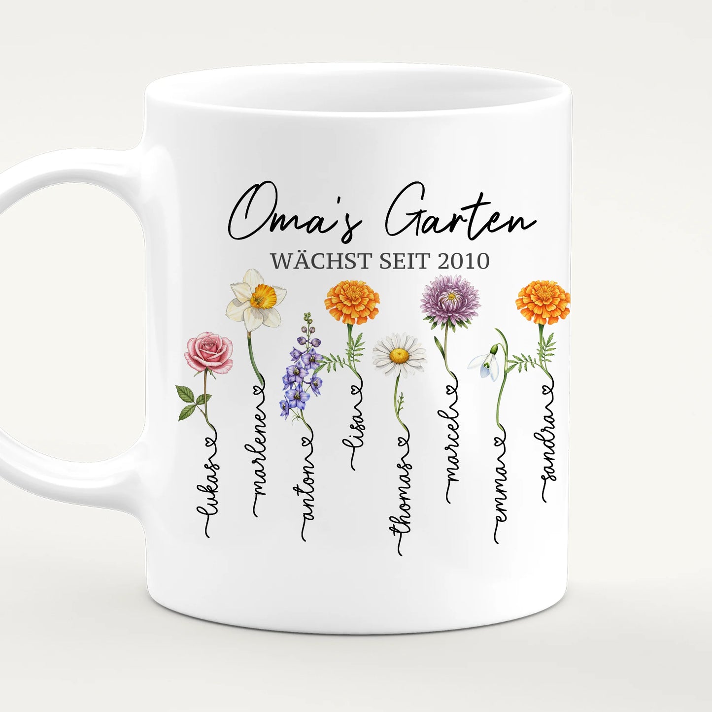 Personalisierte Tasse - Omas Garten mit 1-8 Blumen/Namen