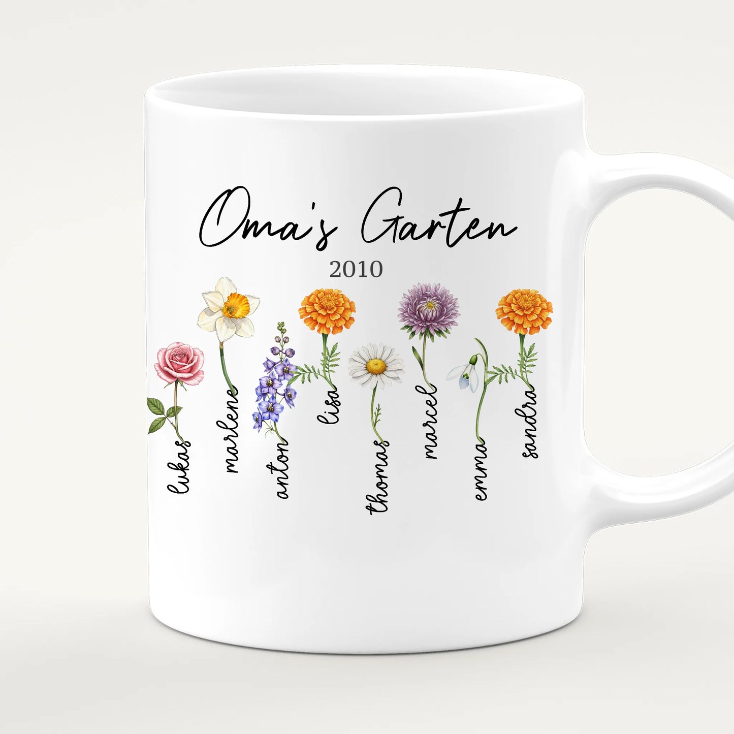 Personalisierte Tasse - Omas Garten mit 1-8 Blumen/Namen