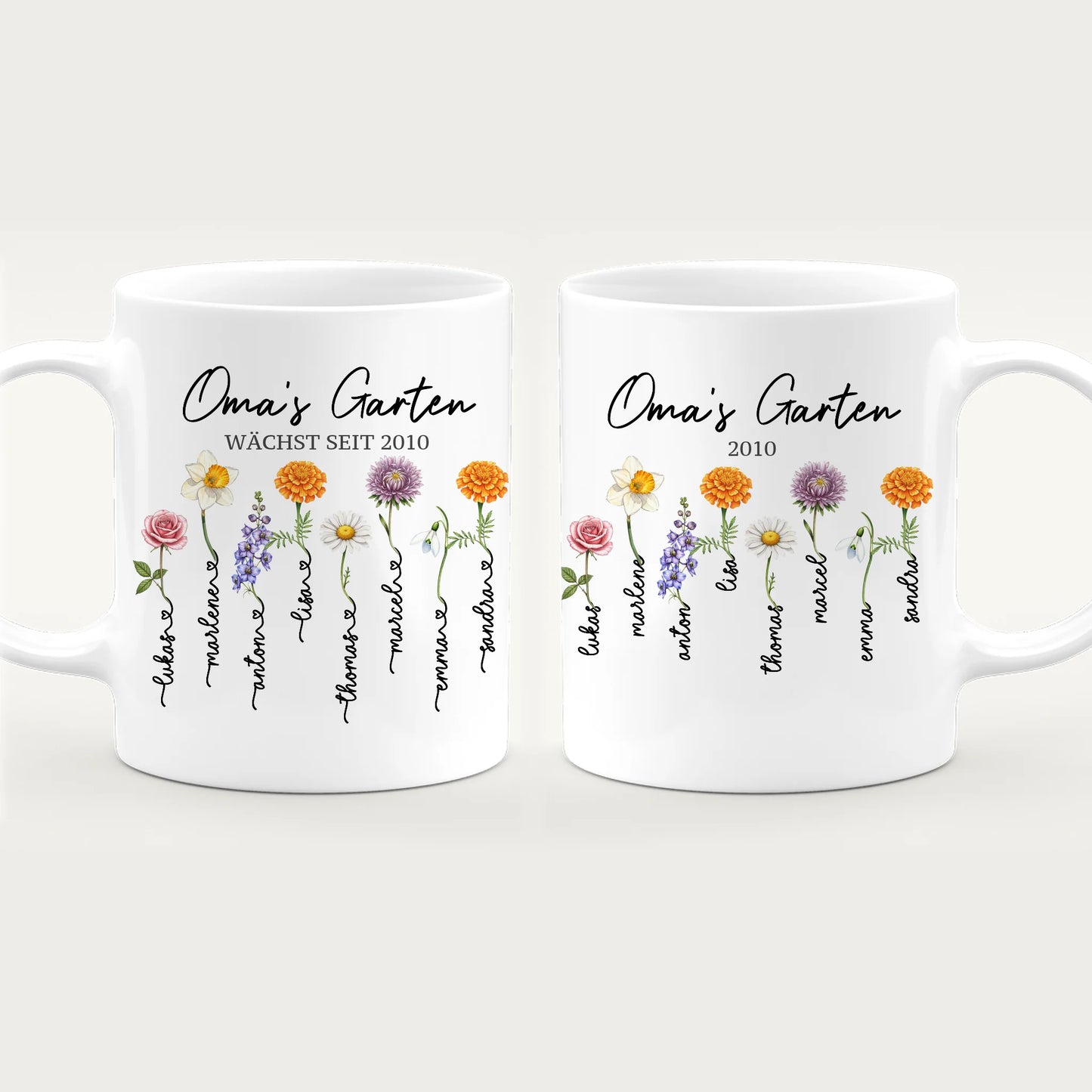 Personalisierte Tasse - Omas Garten mit 1-8 Blumen/Namen