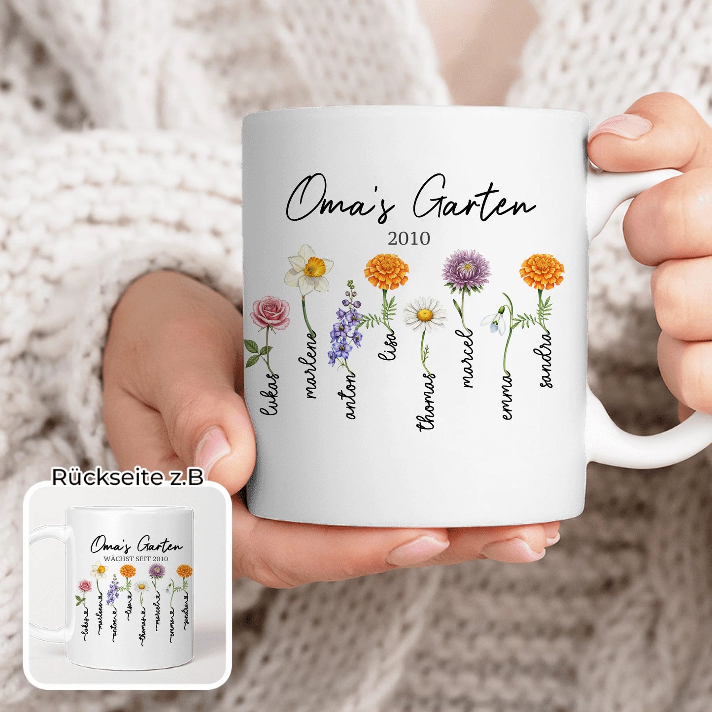 Personalisierte Tasse - Omas Garten mit 1-8 Blumen/Namen