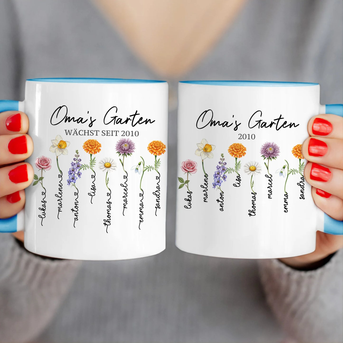 Personalisierte Tasse - Omas Garten mit 1-8 Blumen/Namen