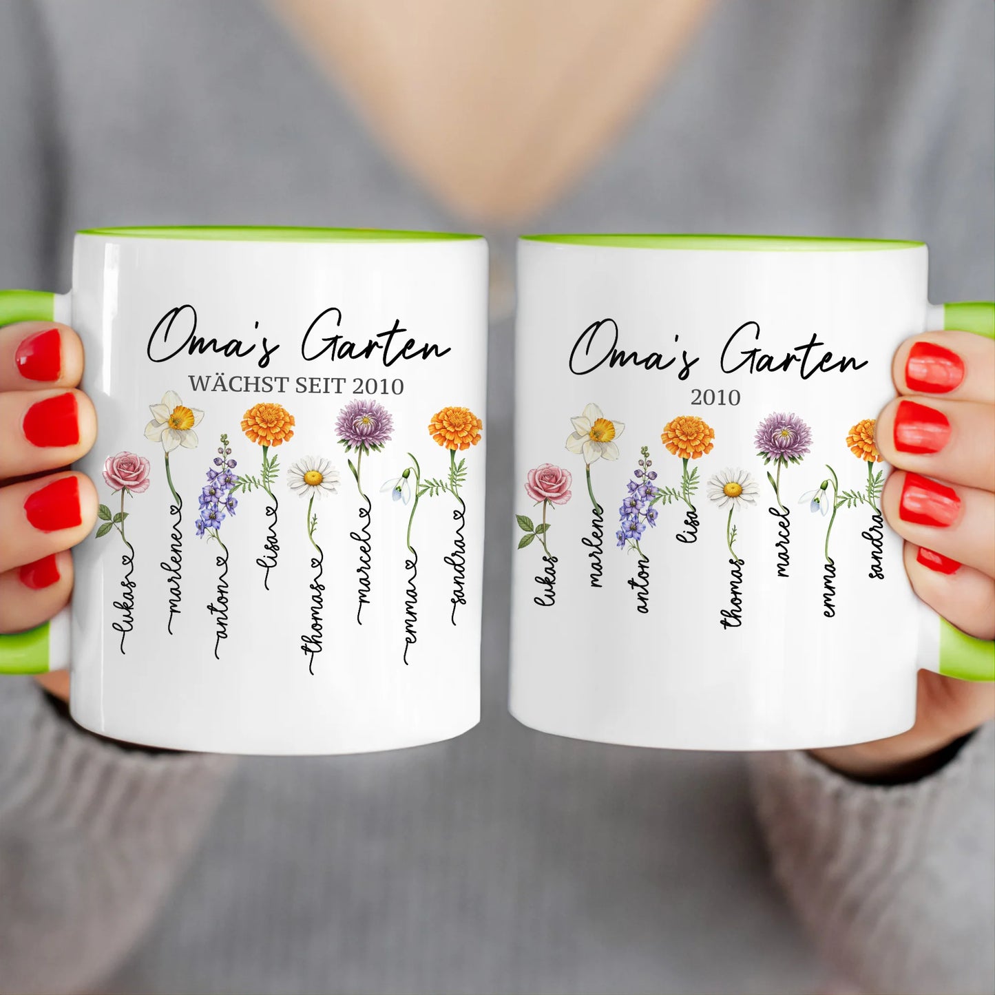 Personalisierte Tasse - Omas Garten mit 1-8 Blumen/Namen