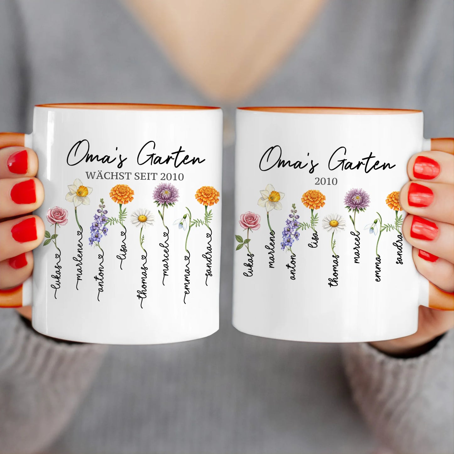 Personalisierte Tasse - Omas Garten mit 1-8 Blumen/Namen