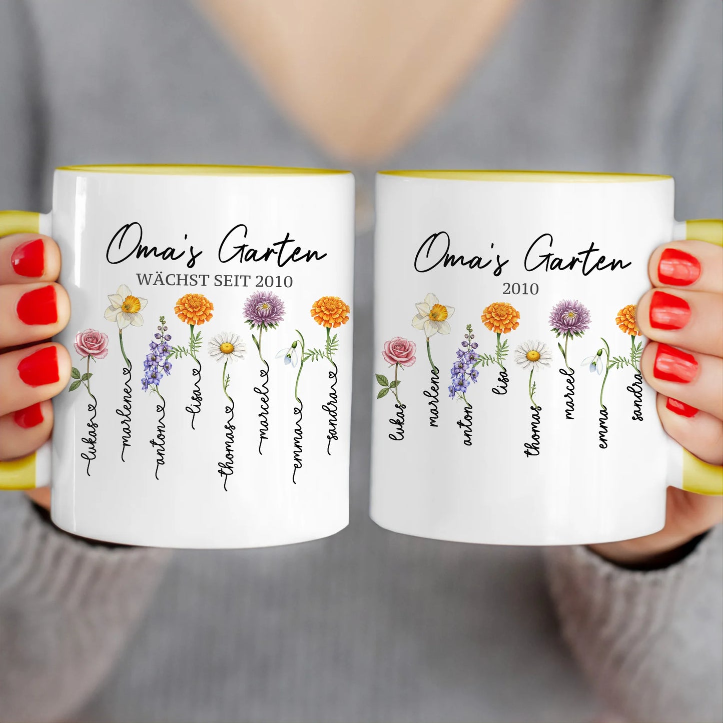 Personalisierte Tasse - Omas Garten mit 1-8 Blumen/Namen