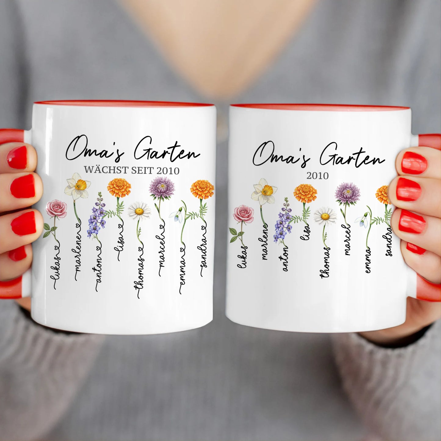 Personalisierte Tasse - Omas Garten mit 1-8 Blumen/Namen