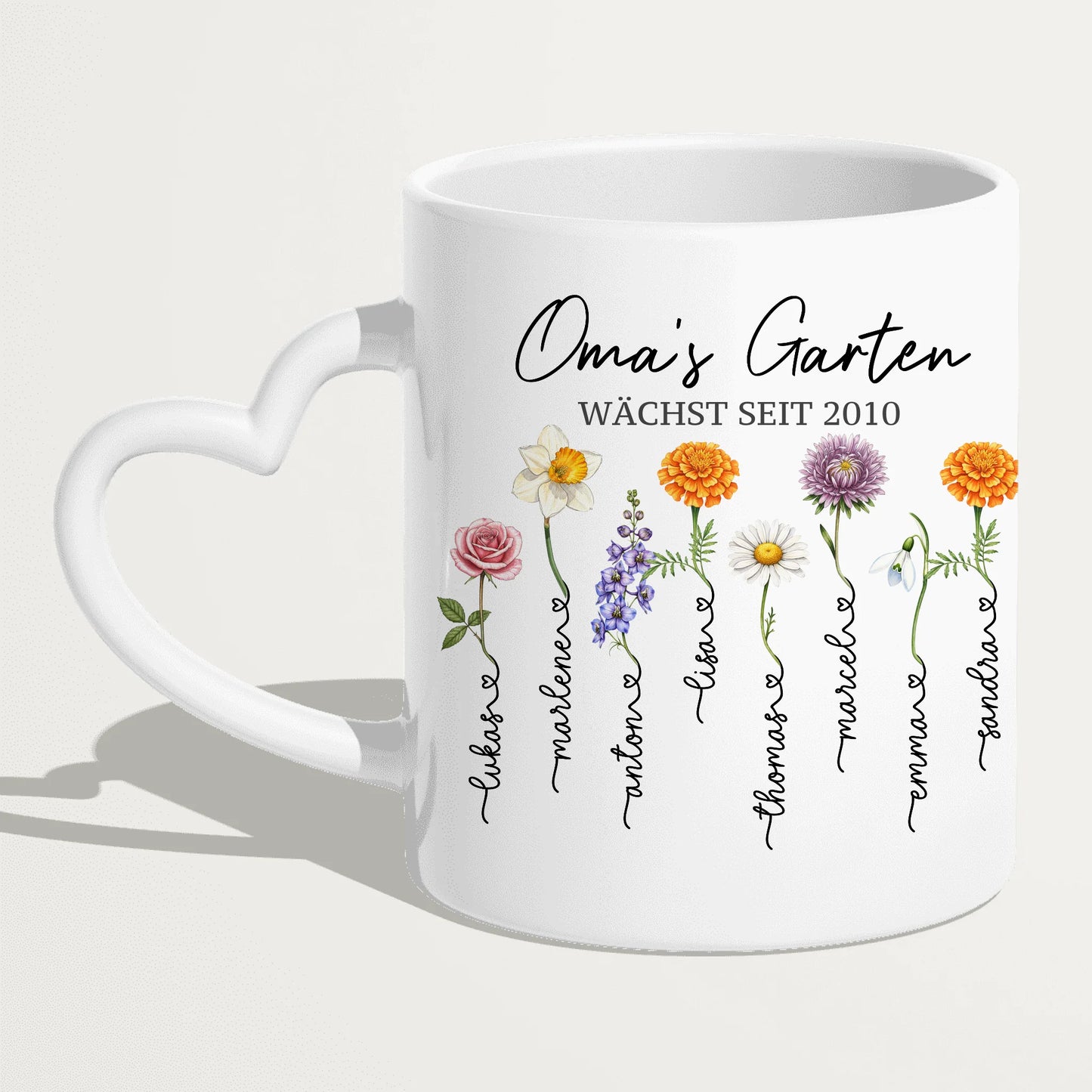 Personalisierte Tasse - Omas Garten mit 1-8 Blumen/Namen