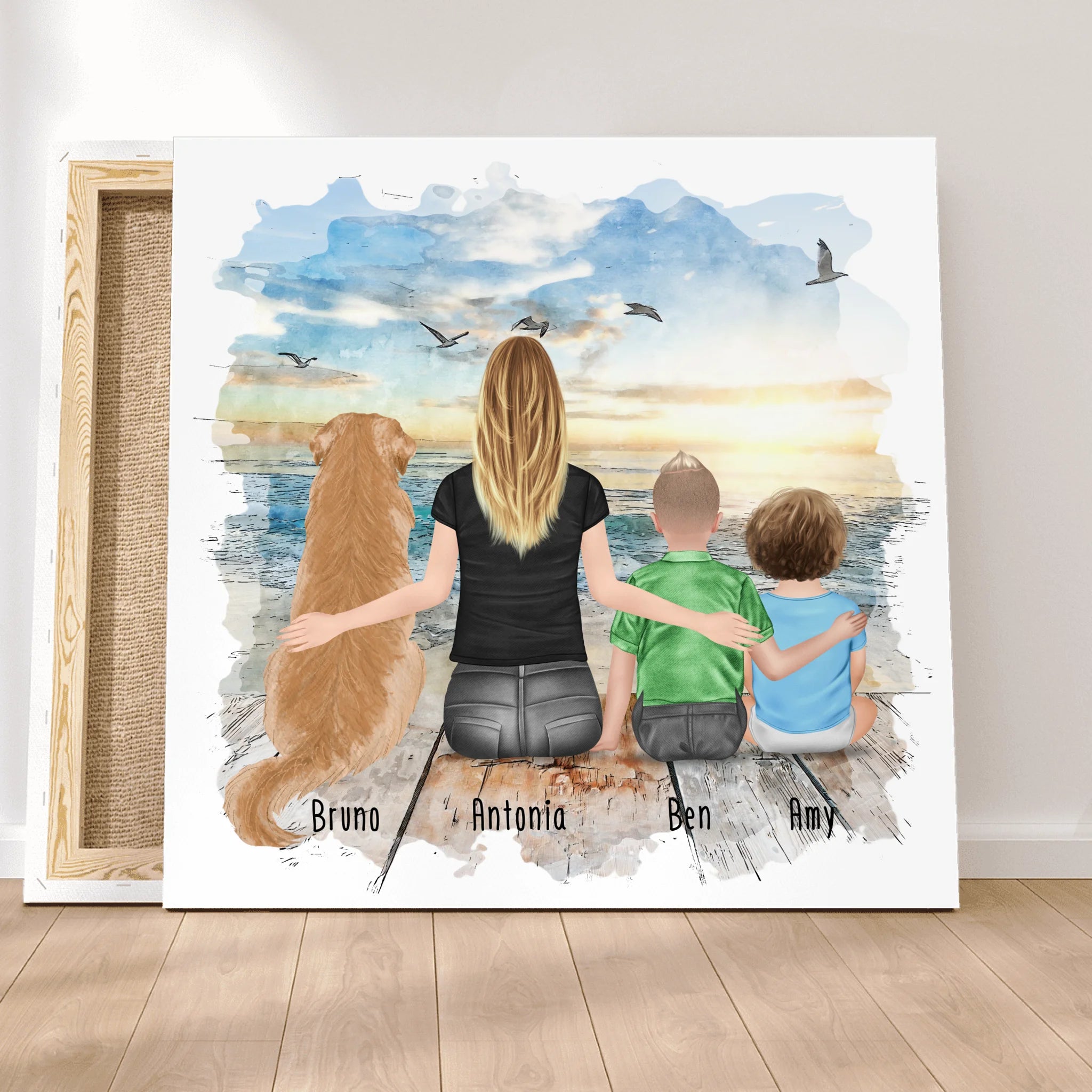 Personalisierte Leinwand mit Mutter + 3 Hunde (1 Kind)