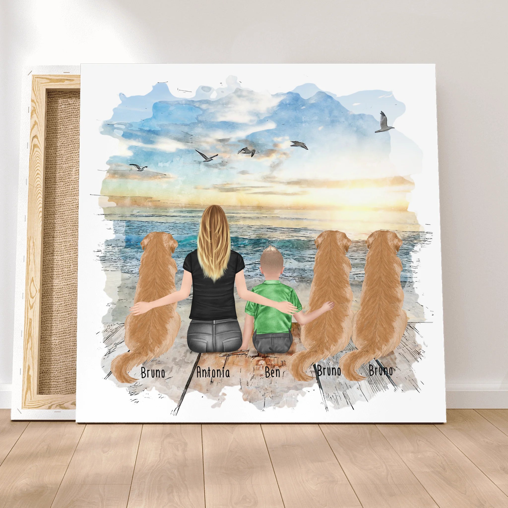 Personalisierte Leinwand mit Mutter + 3 Hunde (1 Kind)