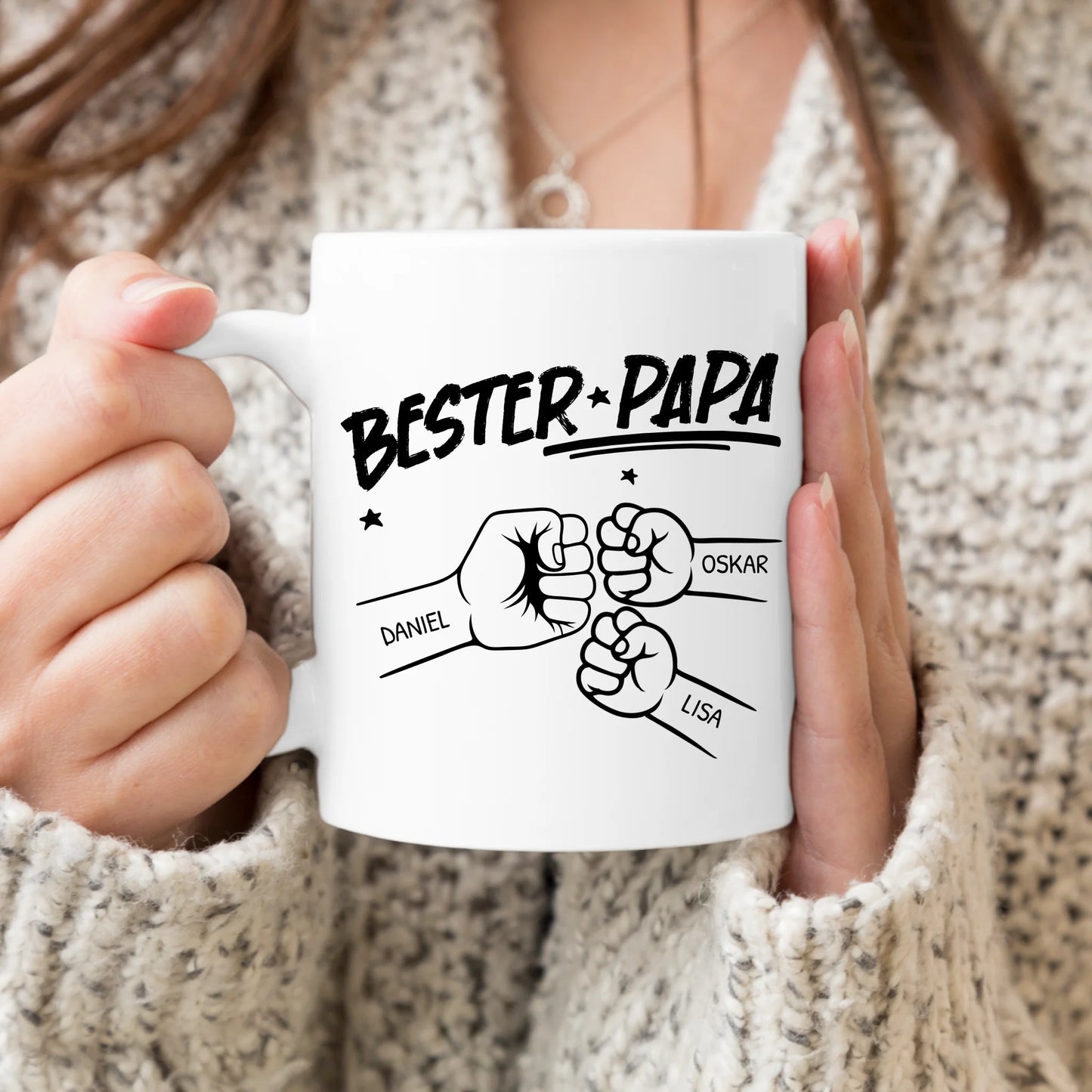 Personalisierte Tasse - Bester Papa Faustcheck/Fist Bump schwarz/weiß