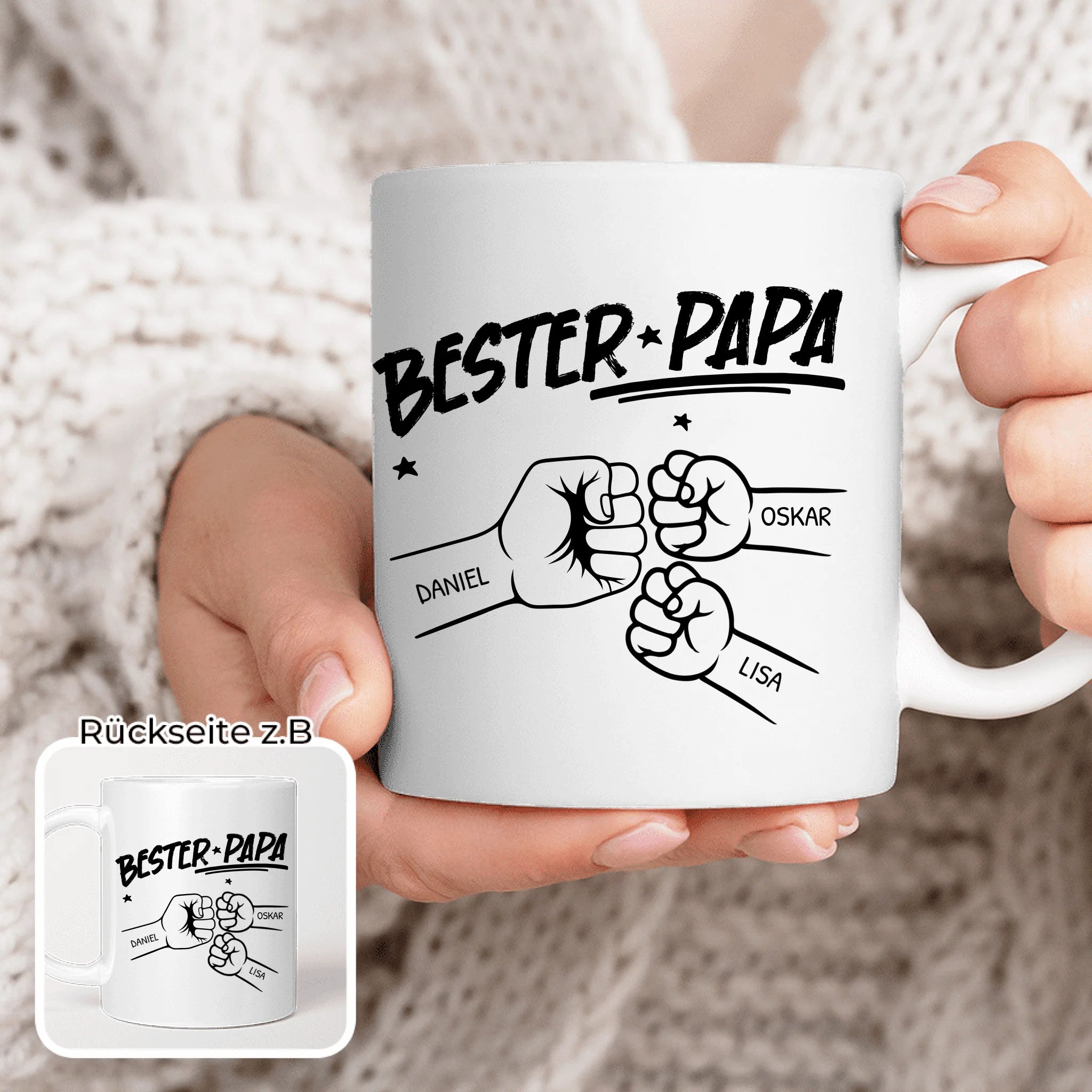 Personalisierte Tasse - Bester Papa Faustcheck/Fist Bump schwarz/weiß