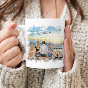 Personalisierte Tasse mit Familie + 1 Hund + 2 Katzen (1 Kind)