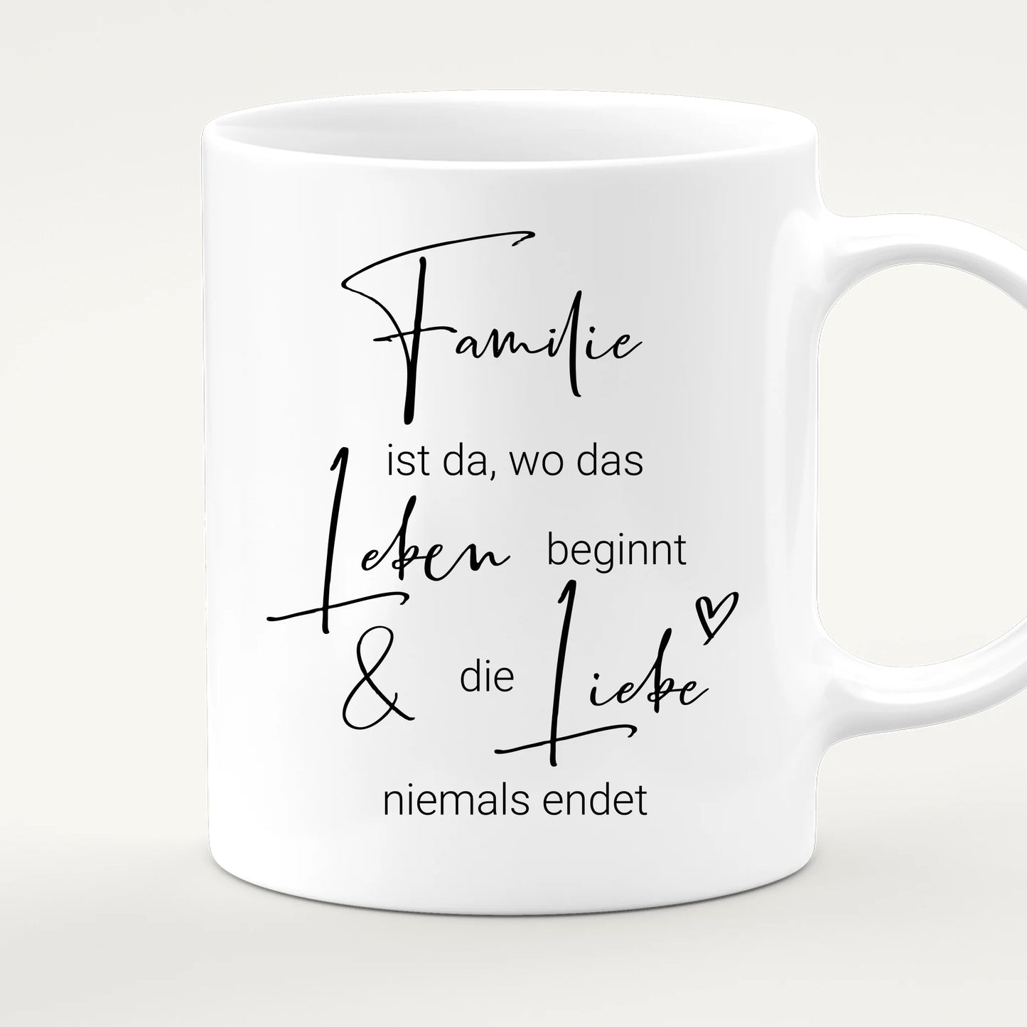 Personalisierte Tasse mit Familie + 1 Hund + 2 Katzen (1 Kind)
