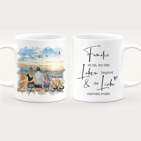 Personalisierte Tasse mit Familie + 1 Hund + 2 Katzen (1 Kind)