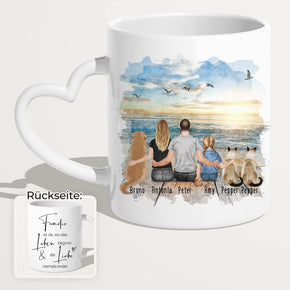 Personalisierte Tasse mit Familie + 1 Hund + 2 Katzen (1 Kind)
