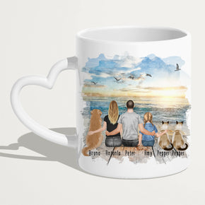 Personalisierte Tasse mit Familie + 1 Hund + 2 Katzen (1 Kind)
