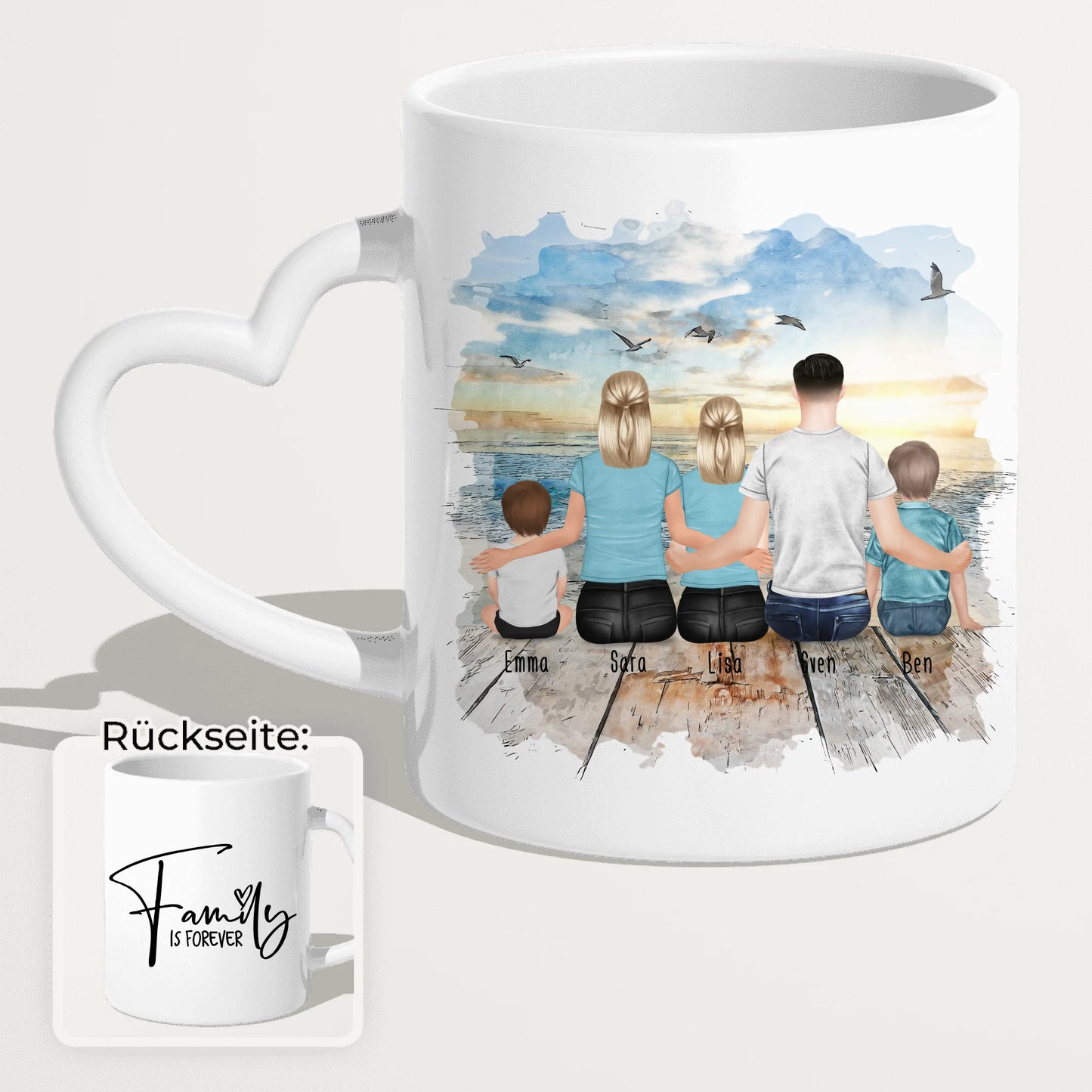 Personalisierte Tasse mit Familie (1 Baby, 1 Kind, 1 Teenagerin)