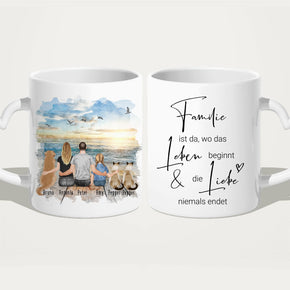 Personalisierte Tasse mit Familie + 1 Hund + 2 Katzen (1 Kind)