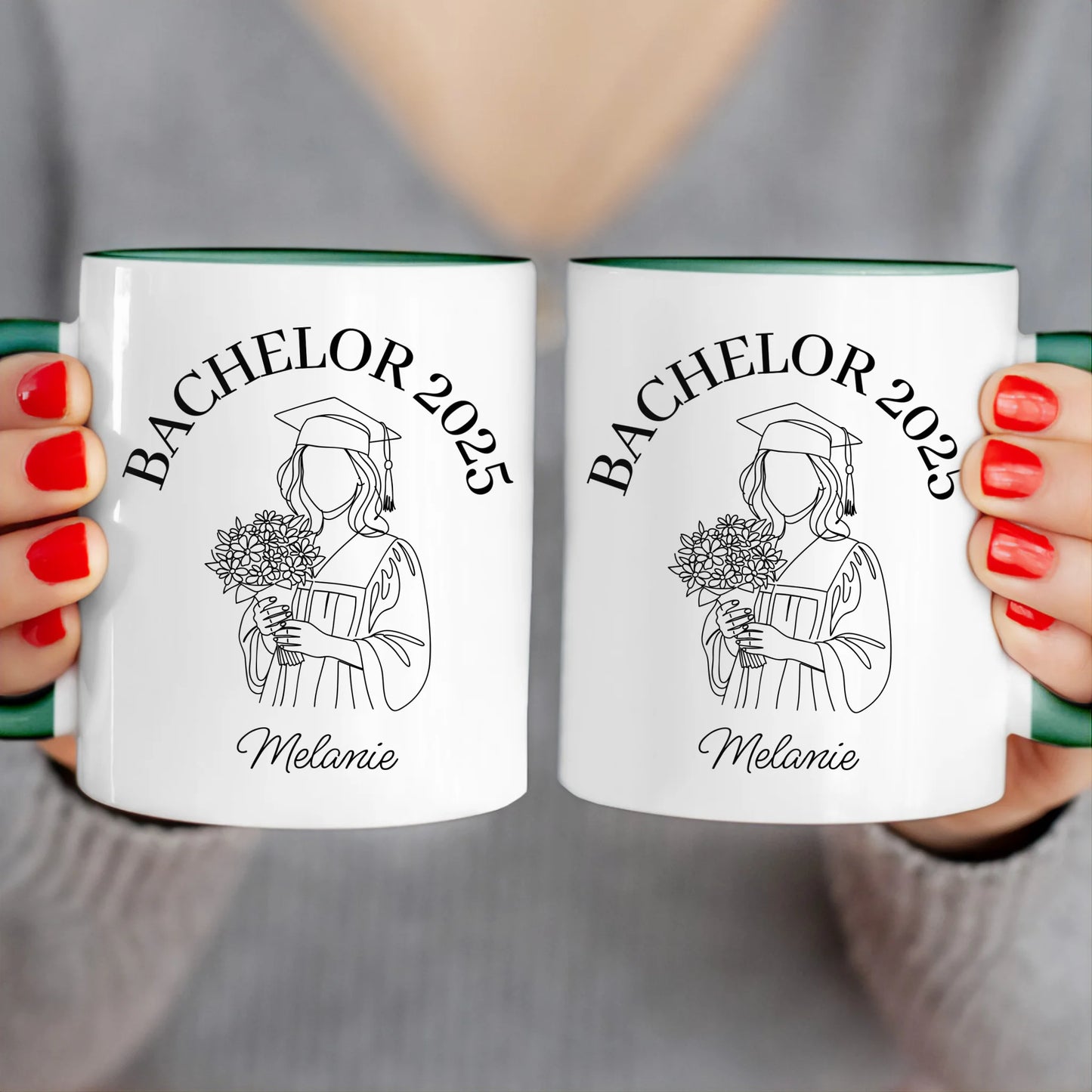 Personalisierte Tasse - Bachelor mit One-Line-Art Zeichnung mit Name und Jahr
