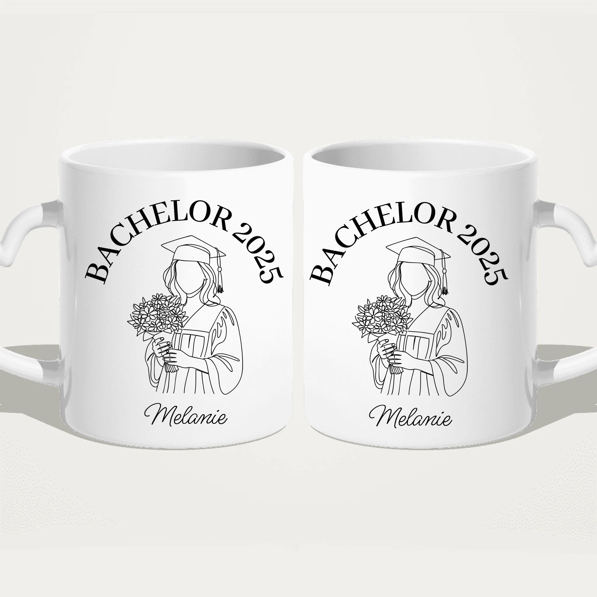 Personalisierte Tasse - Bachelor mit One-Line-Art Zeichnung mit Name und Jahr