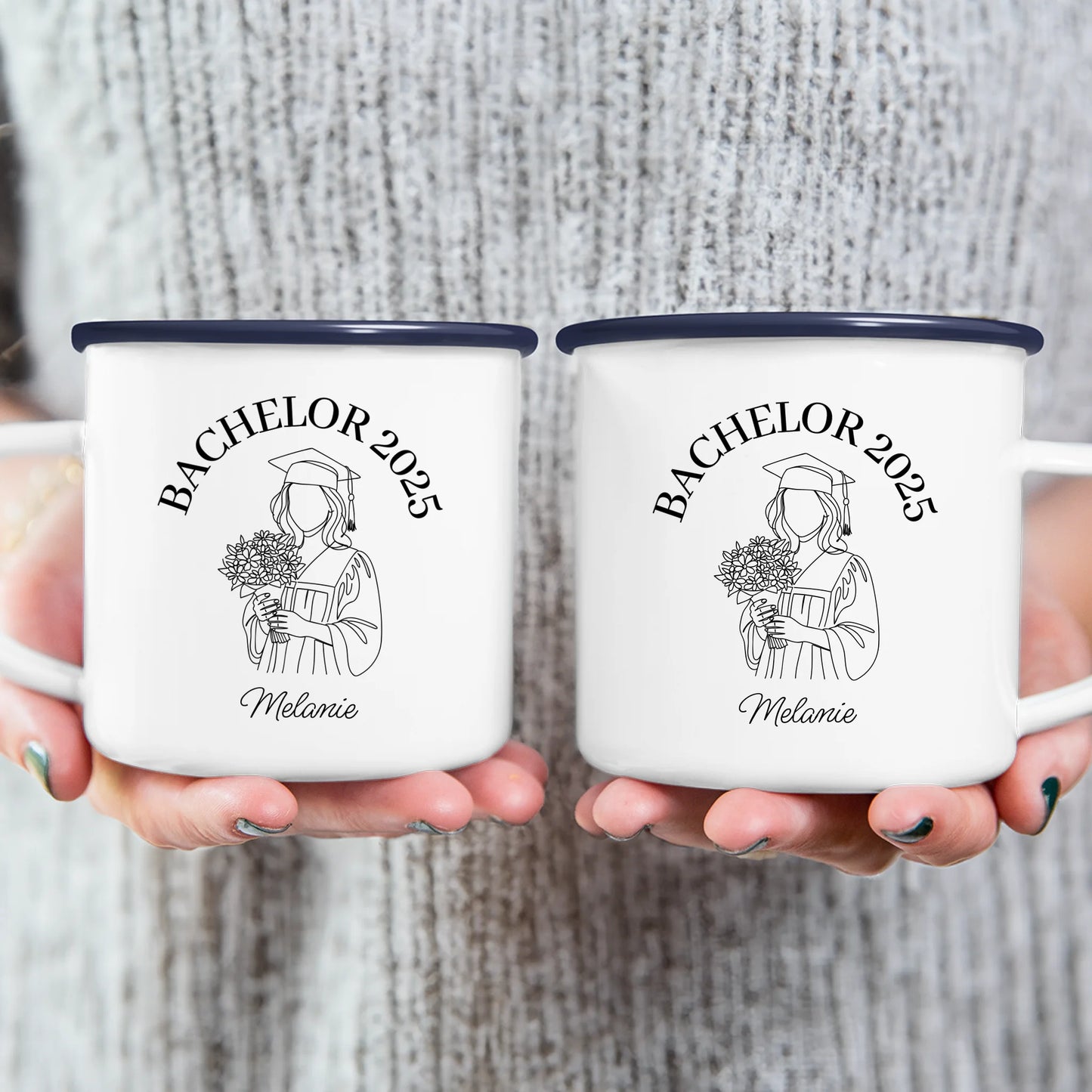 Personalisierte Tasse - Bachelor mit One-Line-Art Zeichnung mit Name und Jahr