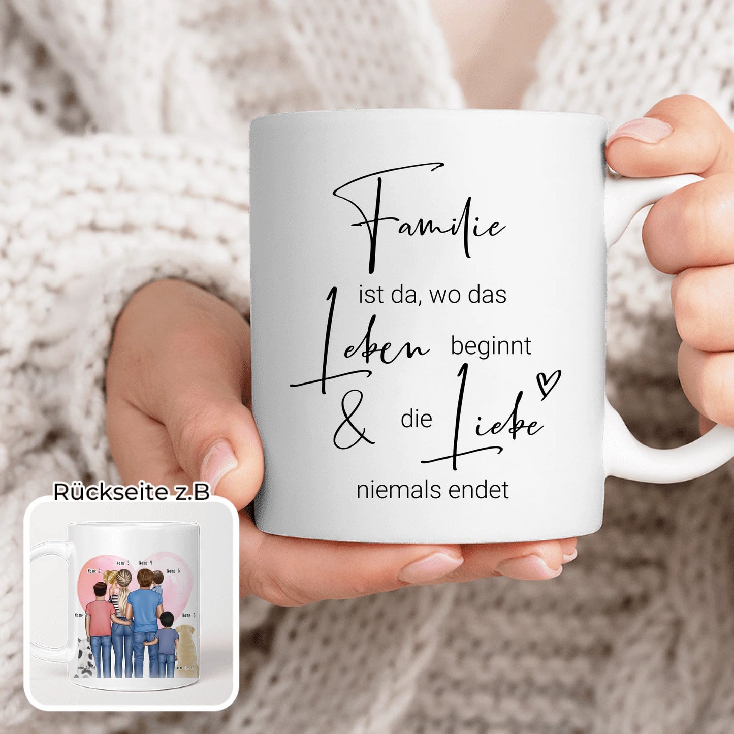 Personalisierte Tasse - Familie + 1-4 Kinder + 1-2 Hunde/Katzen