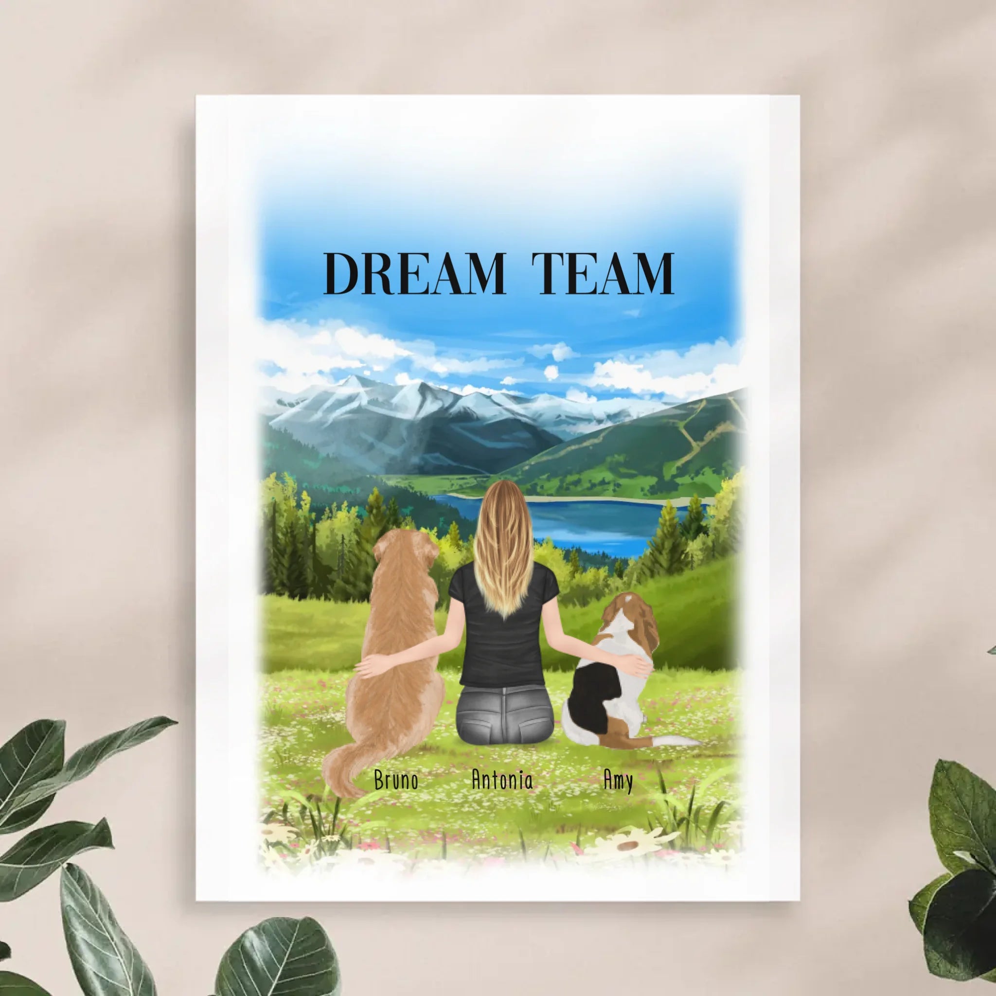 Personalisiertes Poster mit Hund und Frau (2 Hunde + 1 Frau)