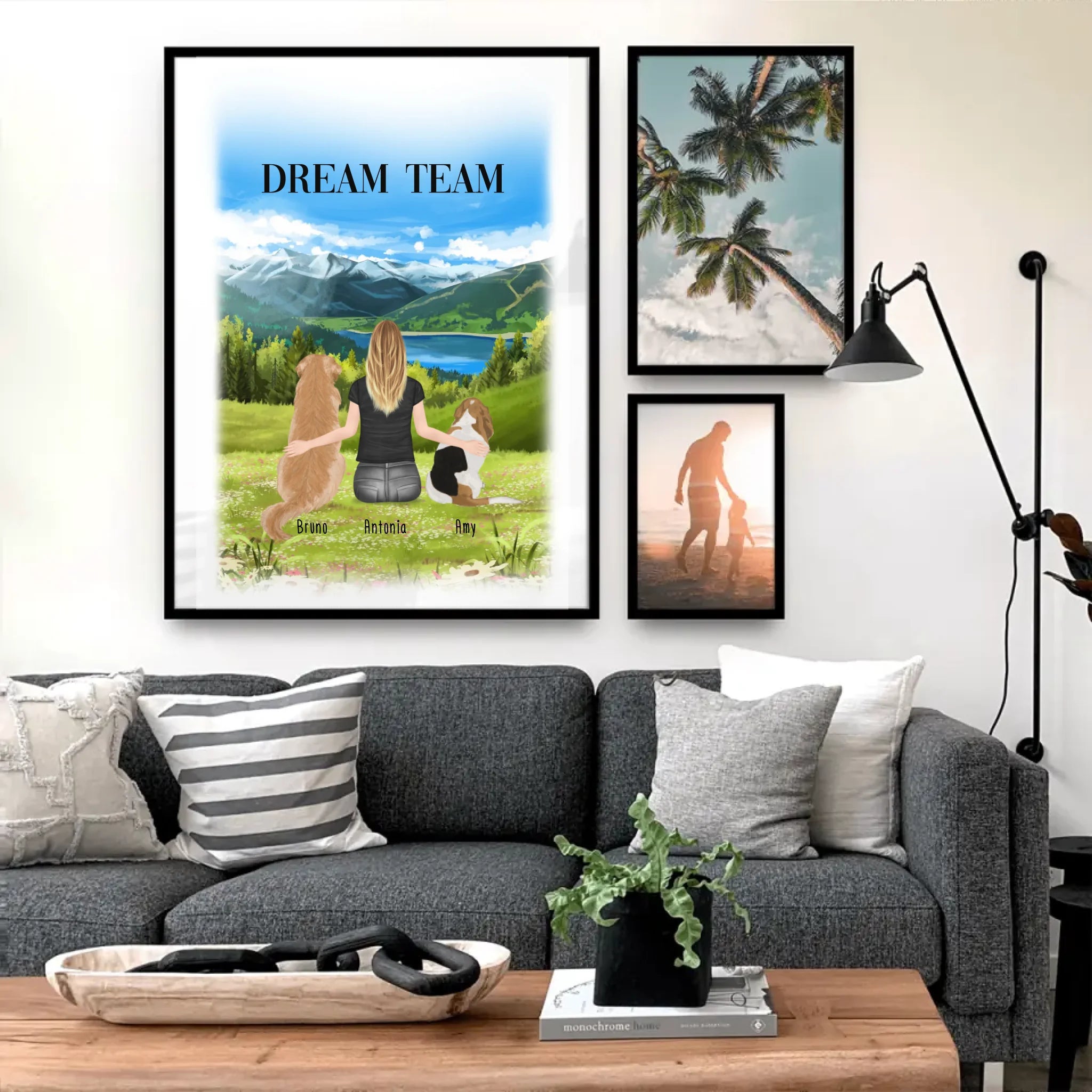 Personalisiertes Poster mit Hund und Frau (2 Hunde + 1 Frau)