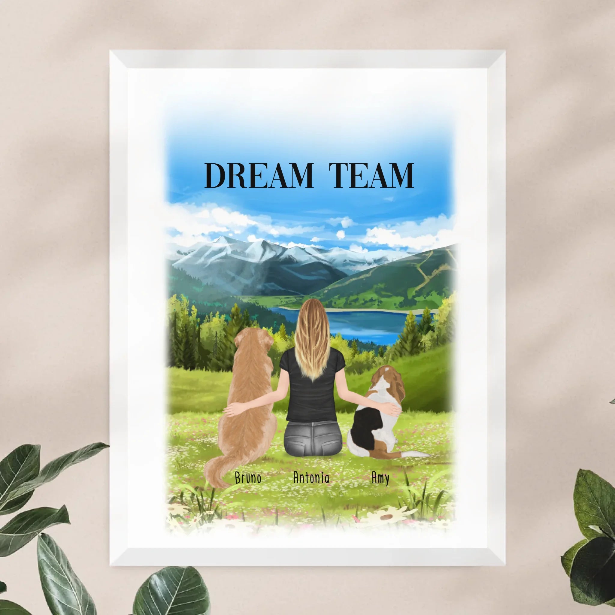 Personalisiertes Poster mit Hund und Frau (2 Hunde + 1 Frau)