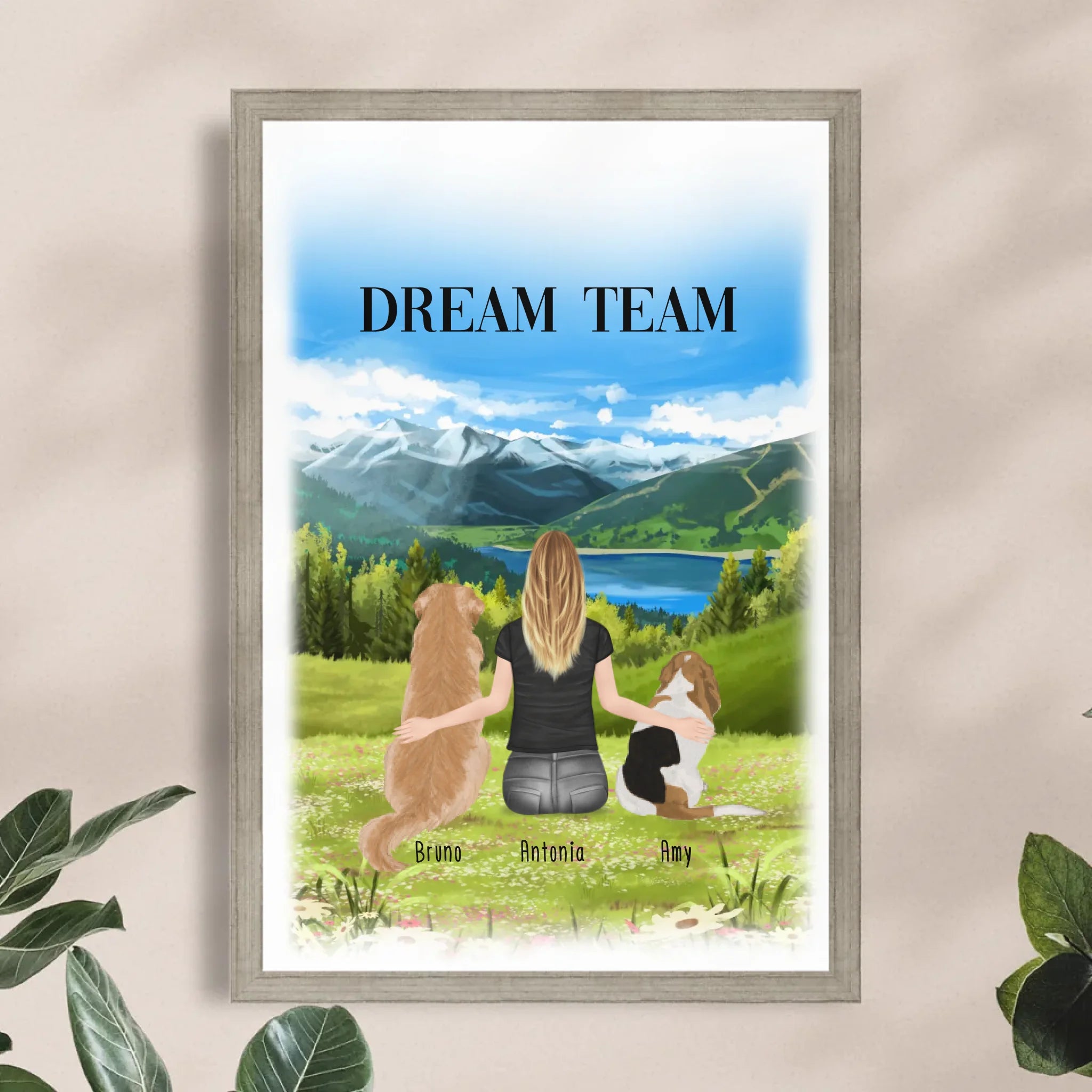 Personalisiertes Poster mit Hund und Frau (2 Hunde + 1 Frau)
