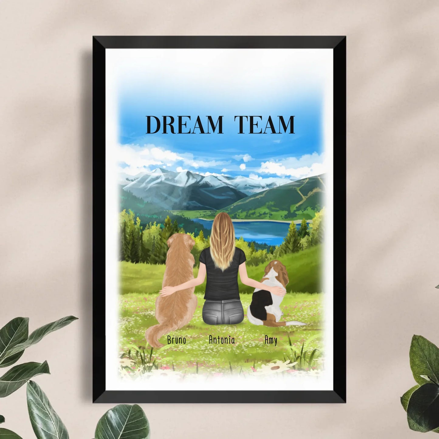 Personalisiertes Poster mit Hund und Frau (2 Hunde + 1 Frau)