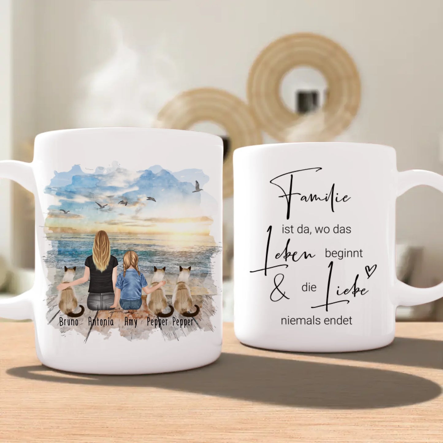 Tasse Mama mit 1 Kind + 3 Katzen