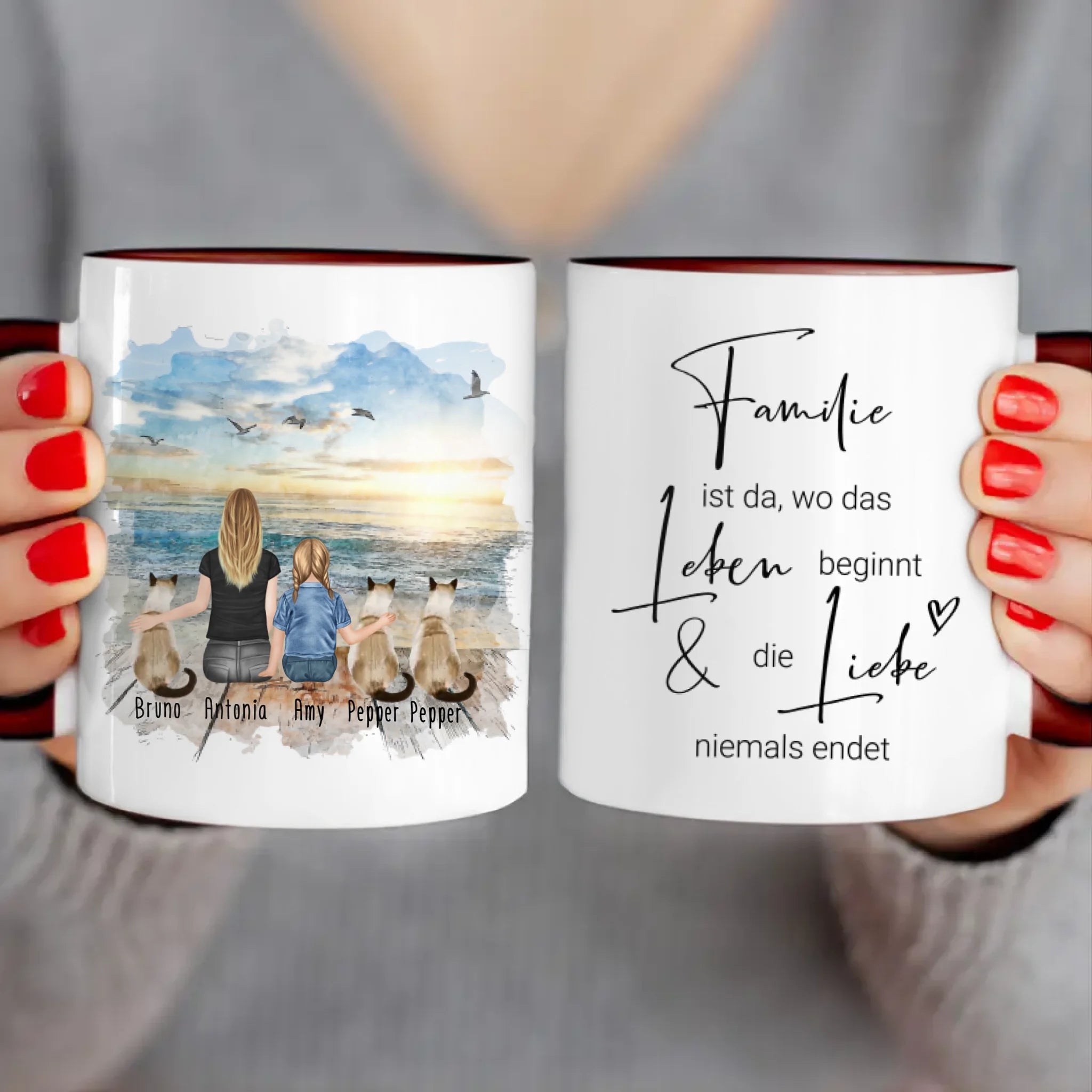 Tasse Mama mit 1 Kind + 3 Katzen