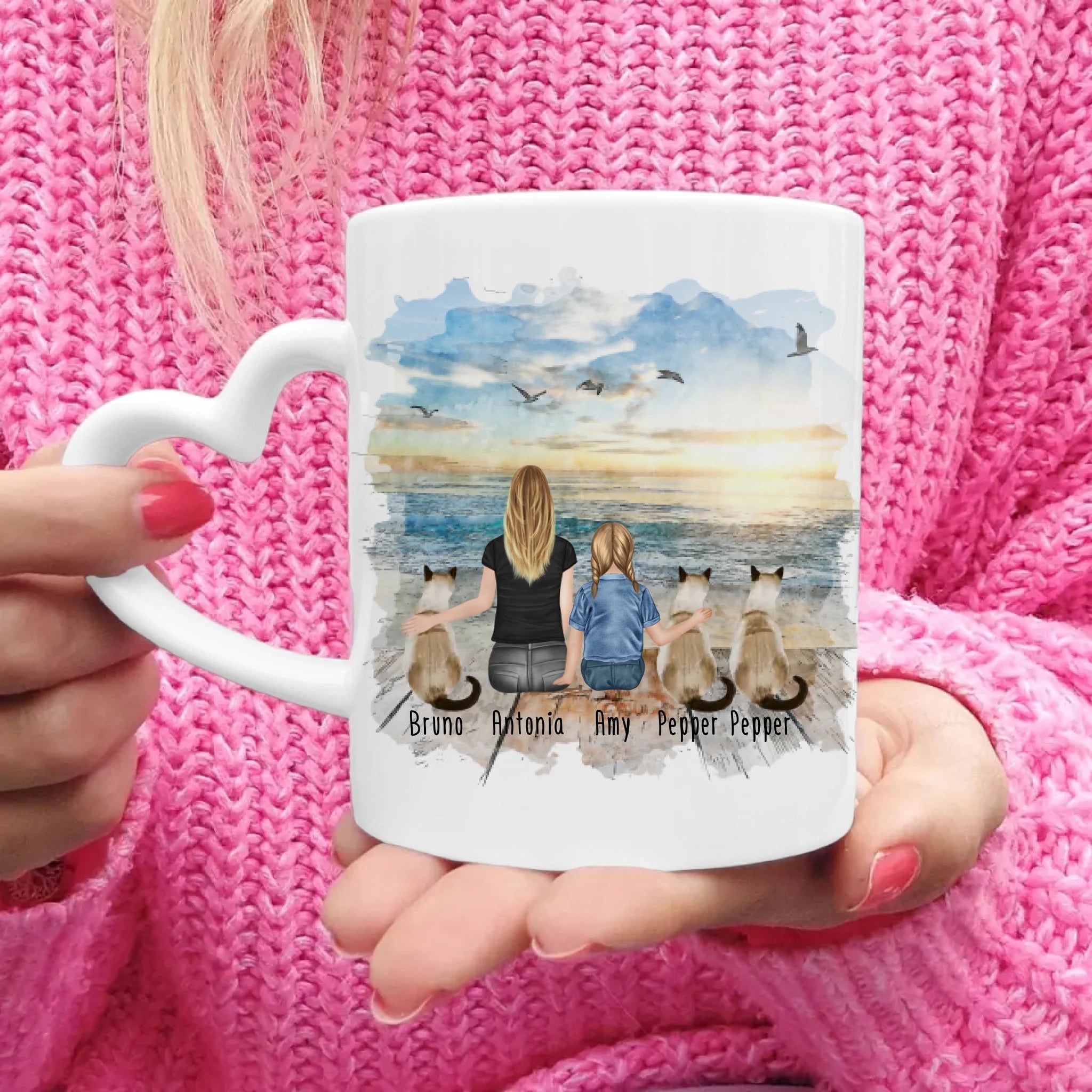 Tasse Mama mit 1 Kind + 3 Katzen
