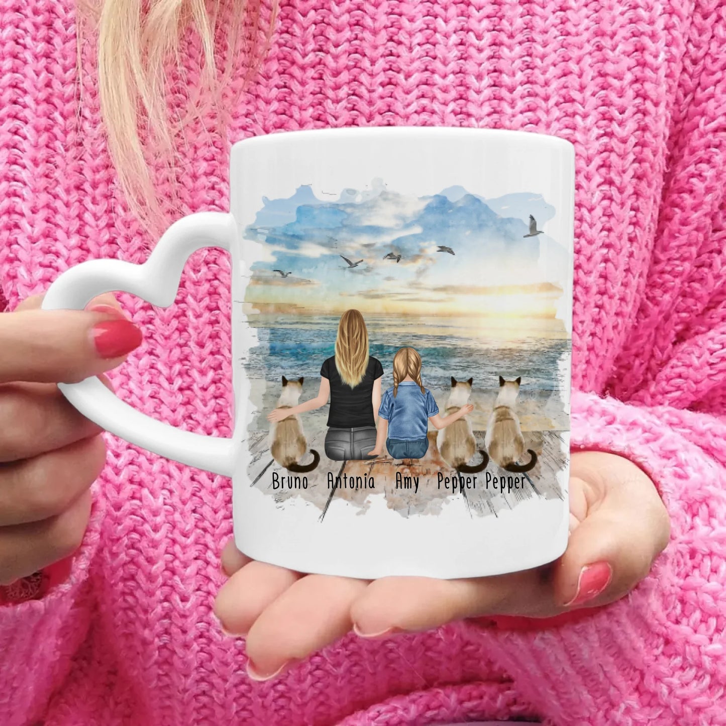 Tasse Mama mit 1 Kind + 3 Katzen