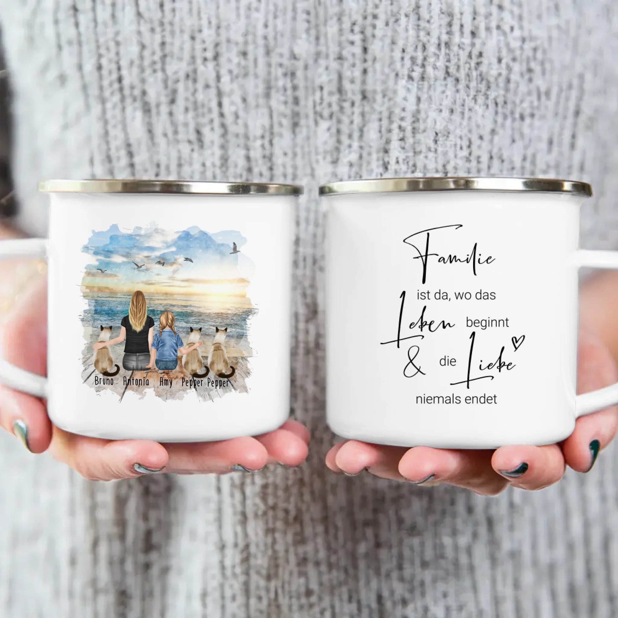 Tasse Mama mit 1 Kind + 3 Katzen