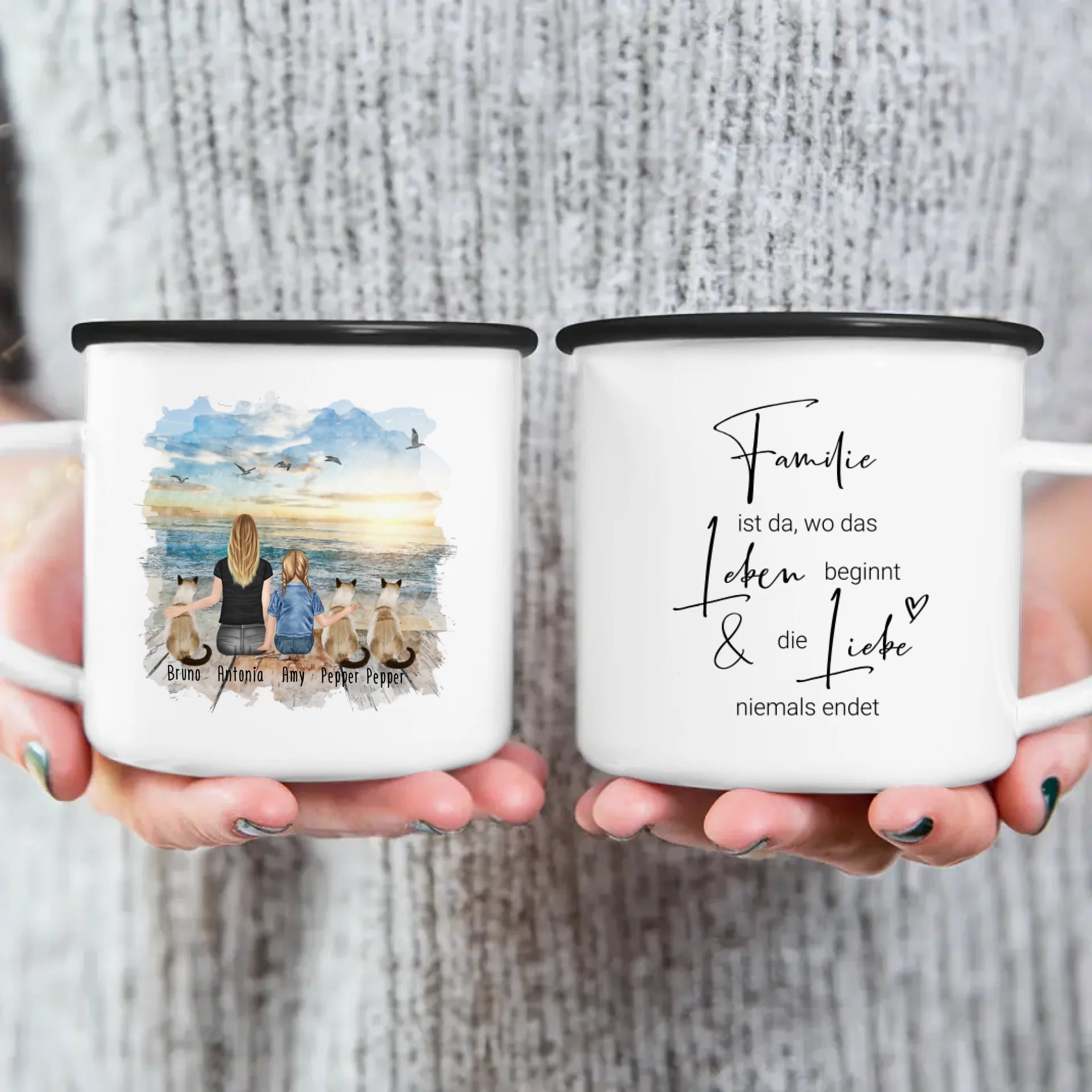 Tasse Mama mit 1 Kind + 3 Katzen