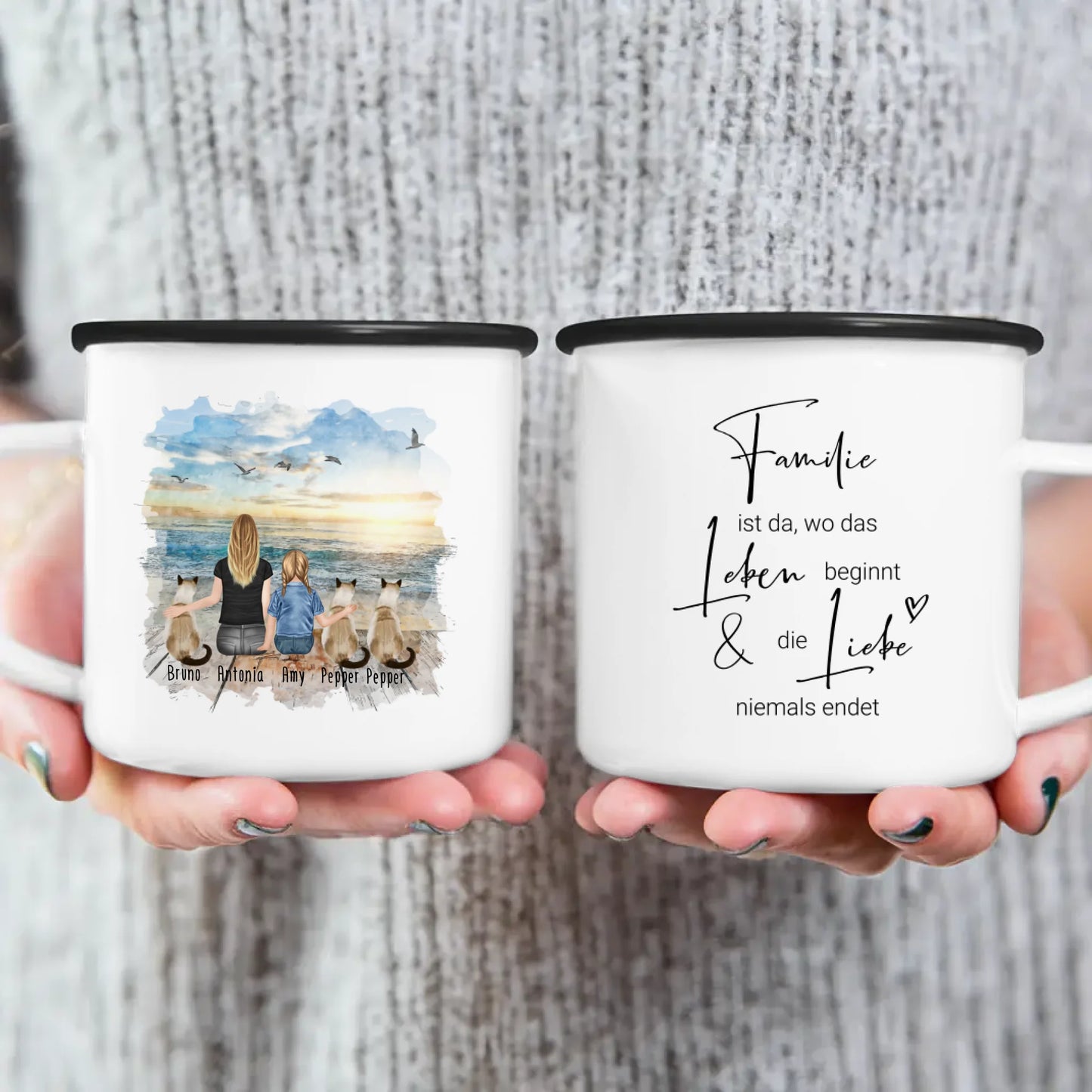 Tasse Mama mit 1 Kind + 3 Katzen