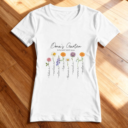 Personalisiertes T-Shirt - Omas Garten mit 1-8 Blumen/Namen
