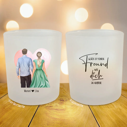 Personalisiertes Teelicht (Satin) - Hemd und Kleid - Pärchen Tasse