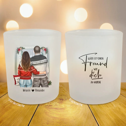Personalisiertes Teelicht (Satin) - Paar in Weihnachtspullovern (stehend) - Pärchen Tasse - Weihnachtstasse