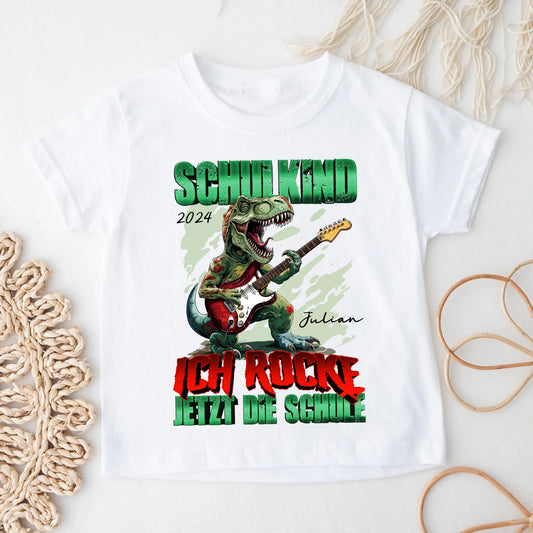 Personalisiertes Kinder T-Shirt - Dino mit Gitarre, Schulkind ich rocke jetzt die Schule