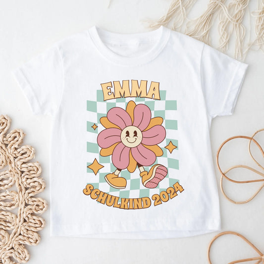Personalisiertes Kinder T-Shirt - Retro Blumensmiley Schulkind mit Name und Jahr