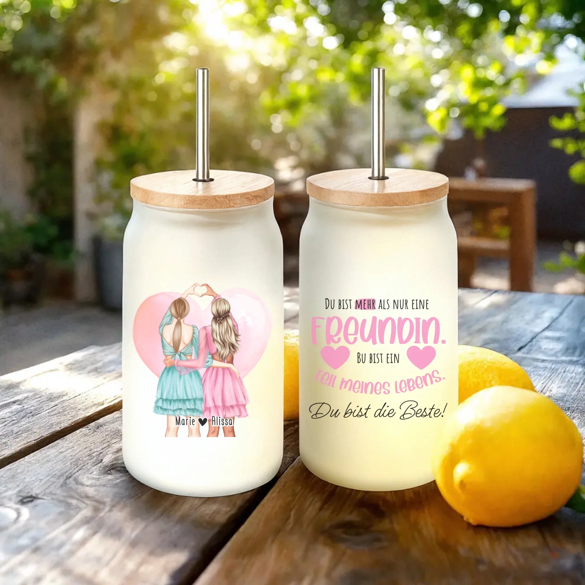 Personalisiertes Trinkglas mit Strohhalm - Beste Freundin (2 Freundinnen) - Herz mit Händen