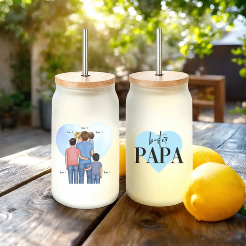 Personalisiertes Trinkglas mit Strohhalm - Papa mit 1-4 Kindern