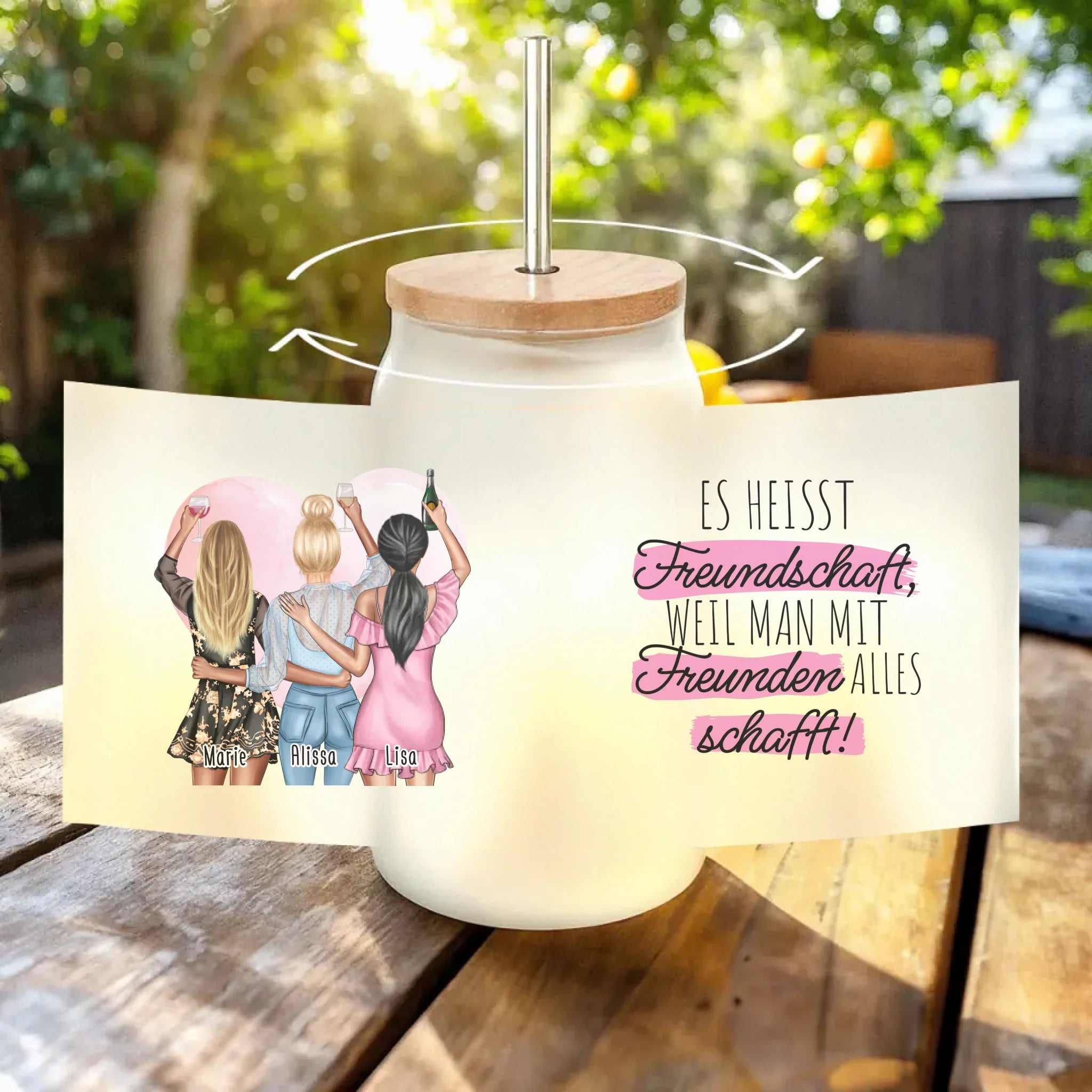 Personalisiertes Trinkglas mit Strohhalm - Beste Freundinnen (3 Freundinnen)